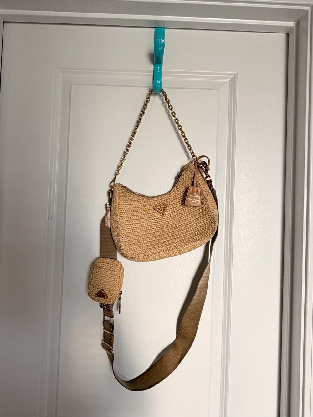Prada Tan Crochet Shoulder Bag with Gold Chain Accent - Picture 6 of 9